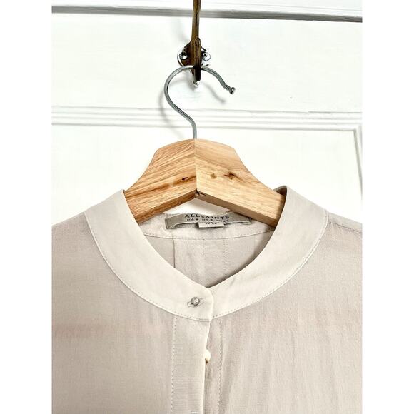 AllSaints Ando‎ Silk Button Up Blouse Long Sleeve Gray Silver Minimalist Size 4 - Picture 4 of 6